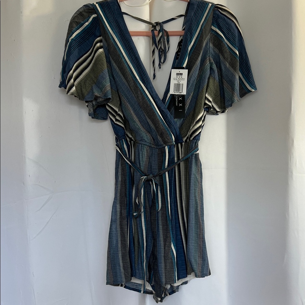 Trixxi Blue and Green Striped Romper